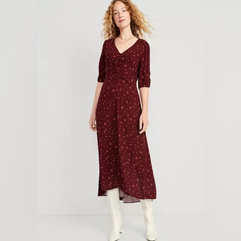 Old Navy Burgundy Puff-Sleeve V-Neck Midi Dress NWT NEW Large Burgundy Floral